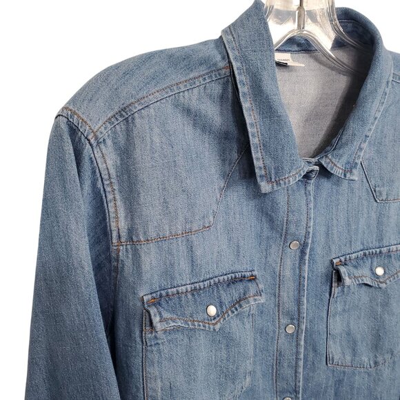 Old Navy Womens XL Shirt Denim Chambray Long Sleeve Western Pearl Snap Buttons - Picture 7 of 9